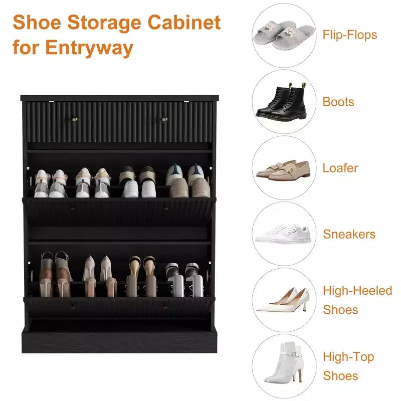 Meuble à chaussures cannelé avec 2 tiroirs basculants Meuble de rangement à chaussures en bois au profil incurvé