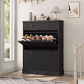 42 Fluted Shoe Cabinet with 2 Flip Drawers - Curved Profile Wooden Shoe Organizer for Entryway &amp; Hallway
