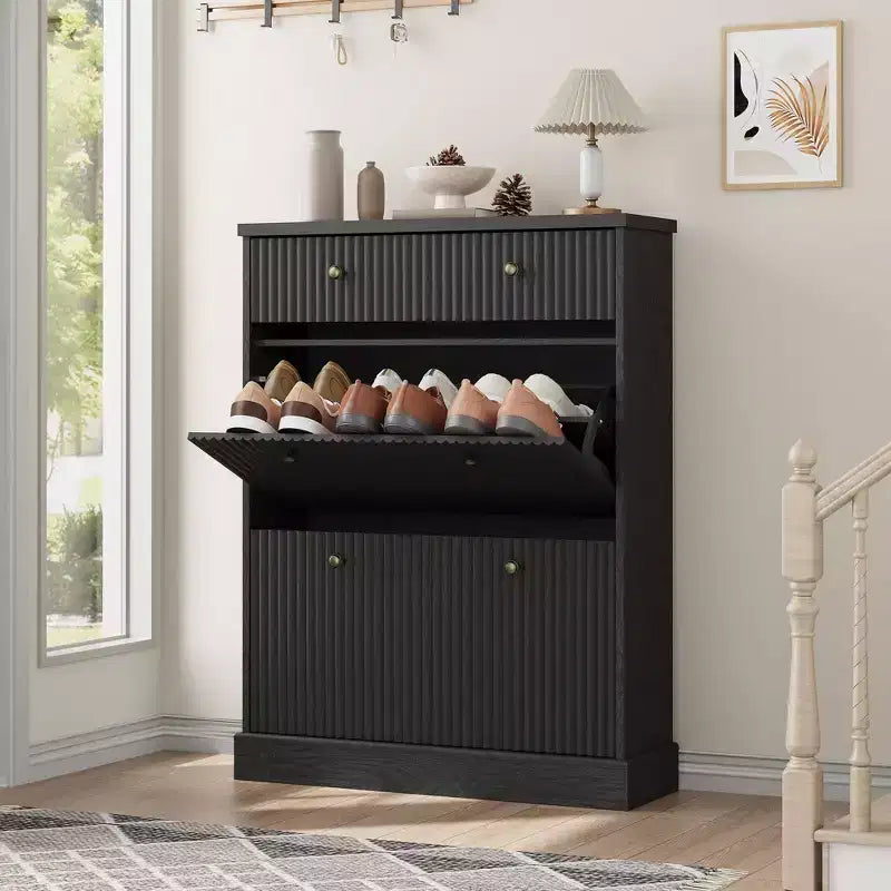 42 Fluted Shoe Cabinet with 2 Flip Drawers - Curved Profile Wooden Shoe Organizer for Entryway &amp; Hallway