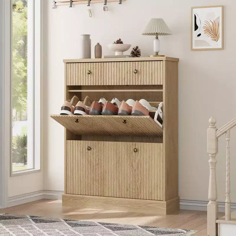 Meuble à chaussures cannelé avec 2 tiroirs basculants Meuble de rangement à chaussures en bois au profil incurvé