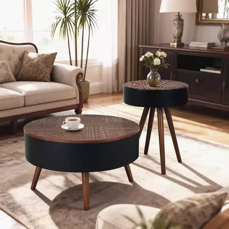 GDFStudio Qing Mid-Century Modern Wooden Round Coffee Table Set