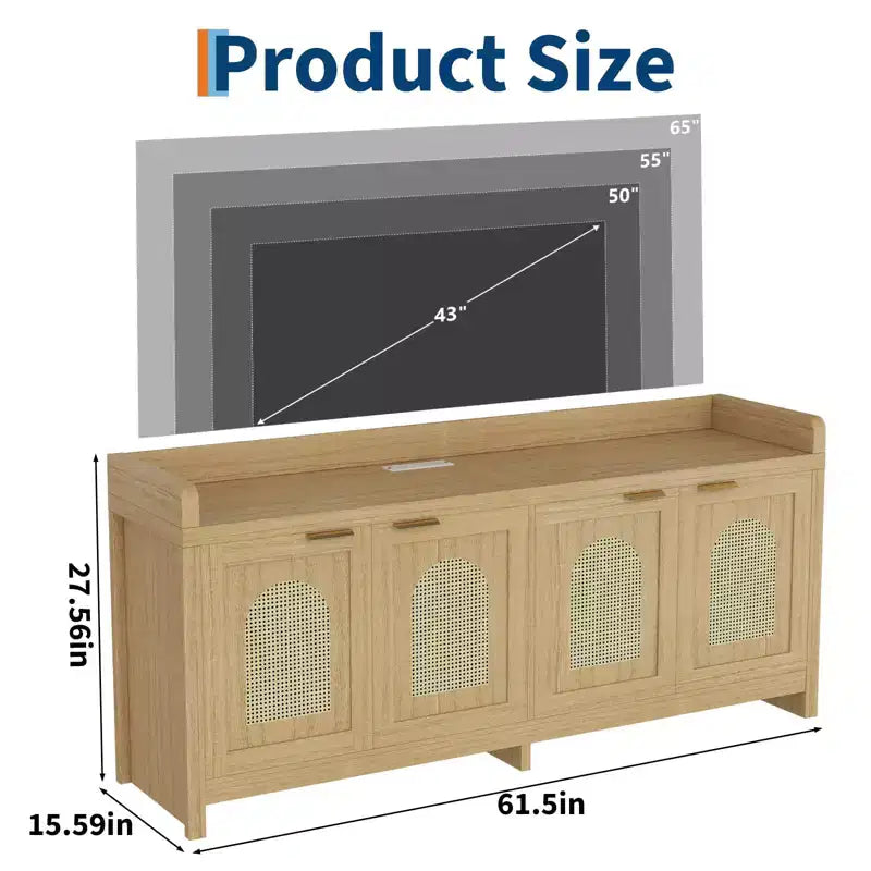 COZONY 61.5 Natural Rattan TV Stand for 65 Inch TV, Modern Entertainment Center with Storage Cabinet