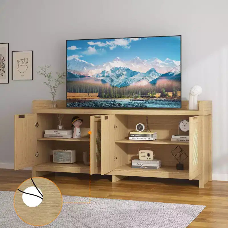 Meuble TV en rotin naturel pour téléviseur de 65 pouces, meuble de divertissement moderne avec rangement