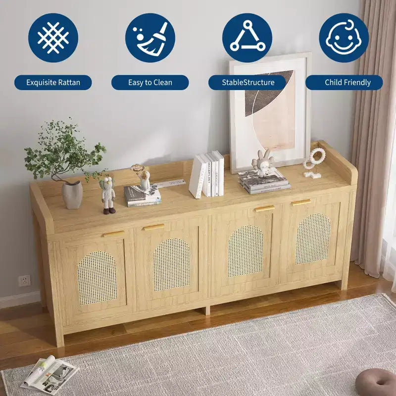 Meuble TV en rotin naturel pour téléviseur de 65 pouces, meuble de divertissement moderne avec rangement