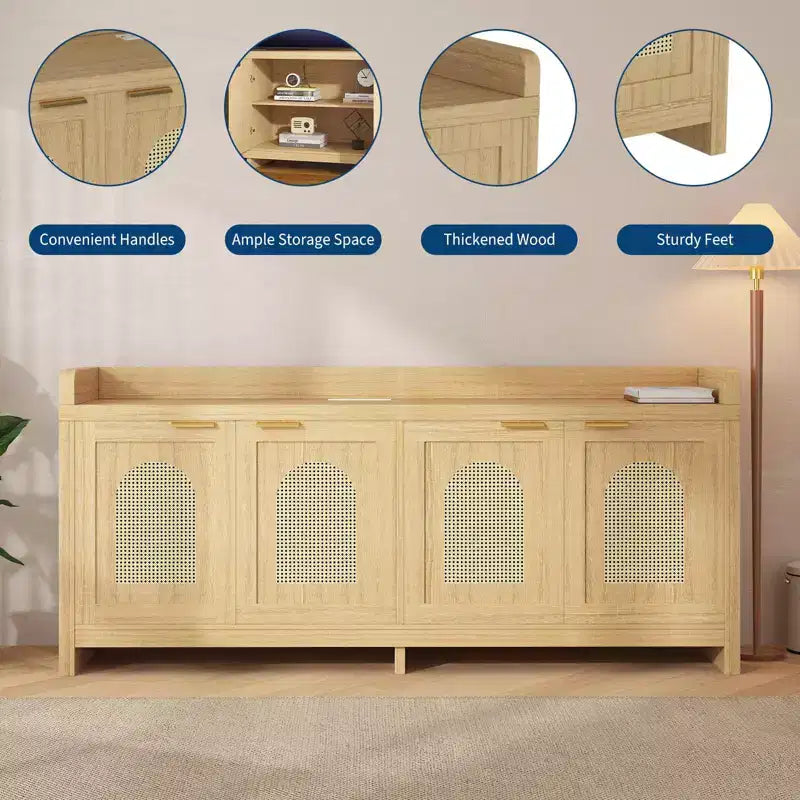 Meuble TV en rotin naturel pour téléviseur de 65 pouces, meuble de divertissement moderne avec rangement