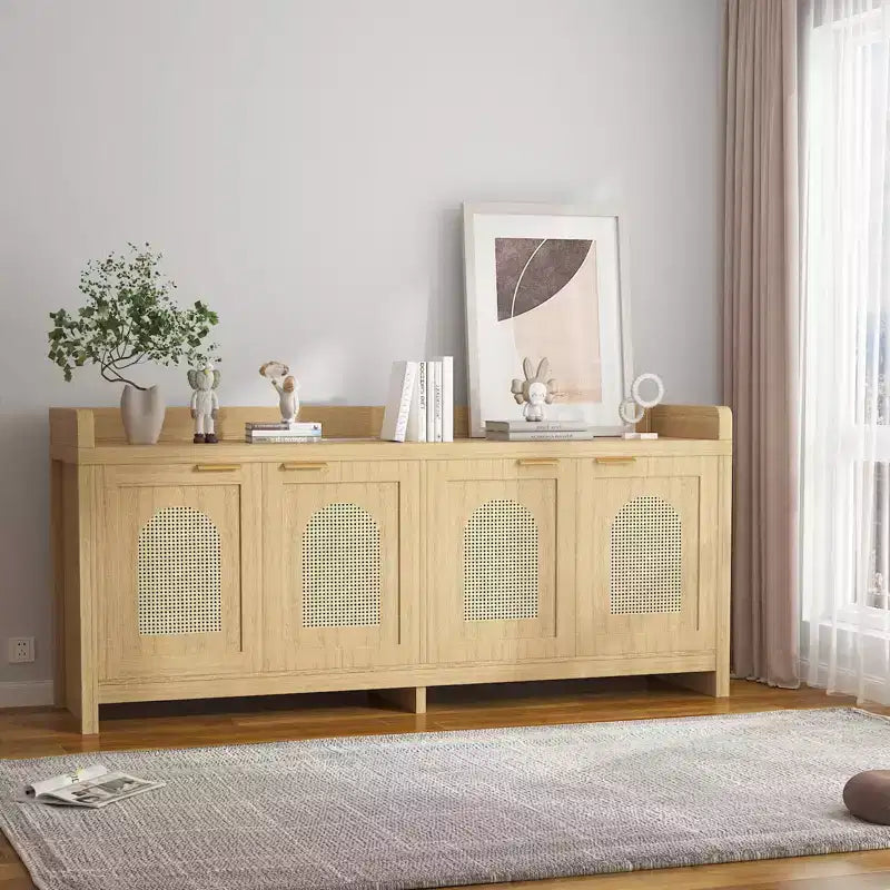 Meuble TV en rotin naturel pour téléviseur de 65 pouces, meuble de divertissement moderne avec rangement
