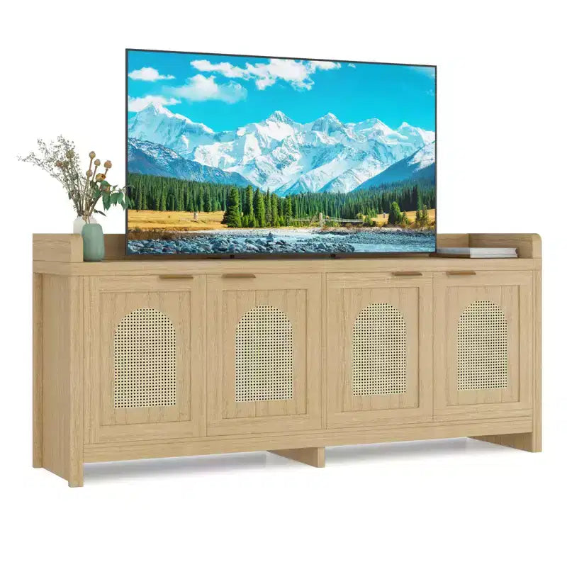 Meuble TV en rotin naturel pour téléviseur de 65 pouces, meuble de divertissement moderne avec rangement