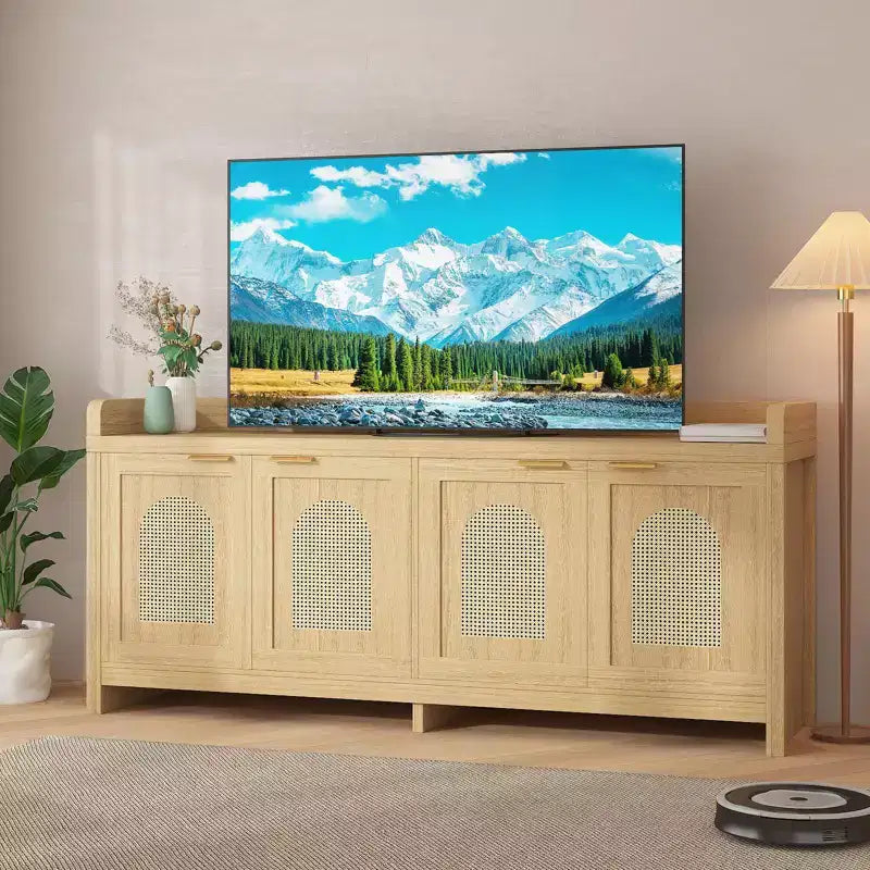 Meuble TV en rotin naturel pour téléviseur de 65 pouces, meuble de divertissement moderne avec rangement