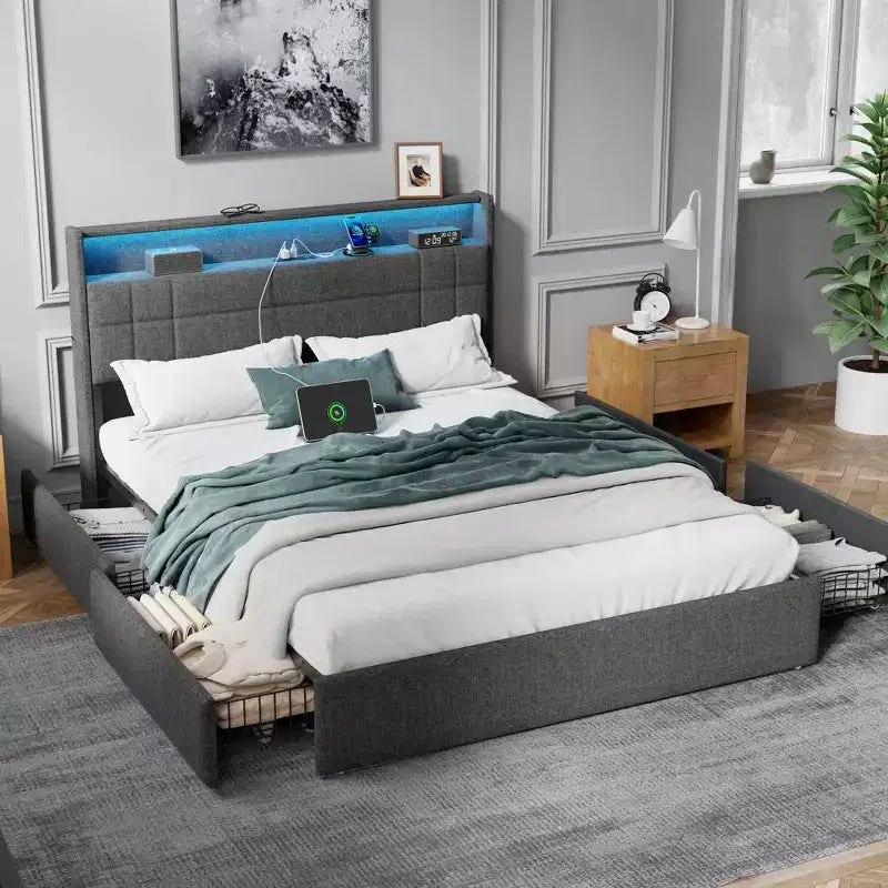 Modern Queen Bed Frame with Charging Station LED Lights 4 Storage Drawers Gray Upholstered Headboard Metal Slats No Box Spring Needed