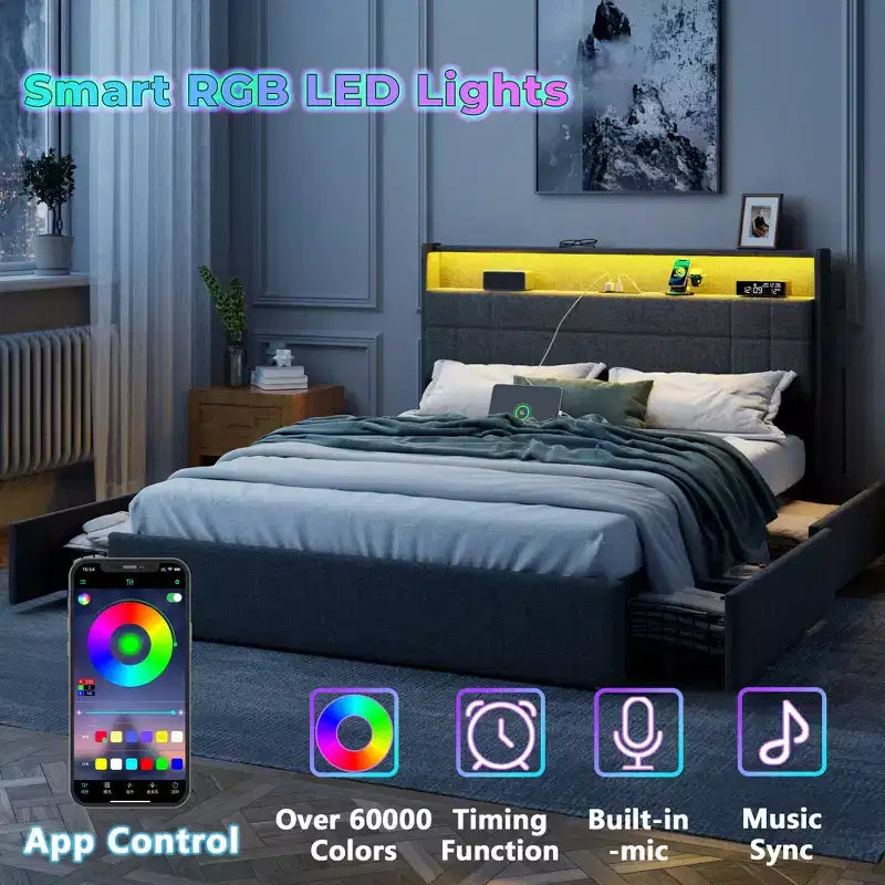 Cadre de lit Queen moderne avec station de recharge Lumières LED 4 tiroirs de rangement Gris