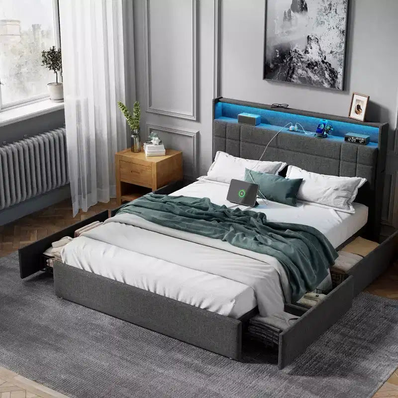 Cadre de lit Queen moderne avec station de recharge Lumières LED 4 tiroirs de rangement Gris