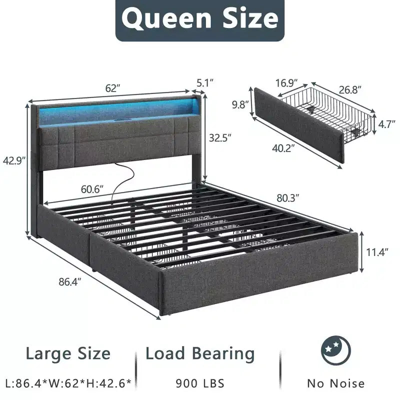 Cadre de lit Queen moderne avec station de recharge Lumières LED 4 tiroirs de rangement Gris