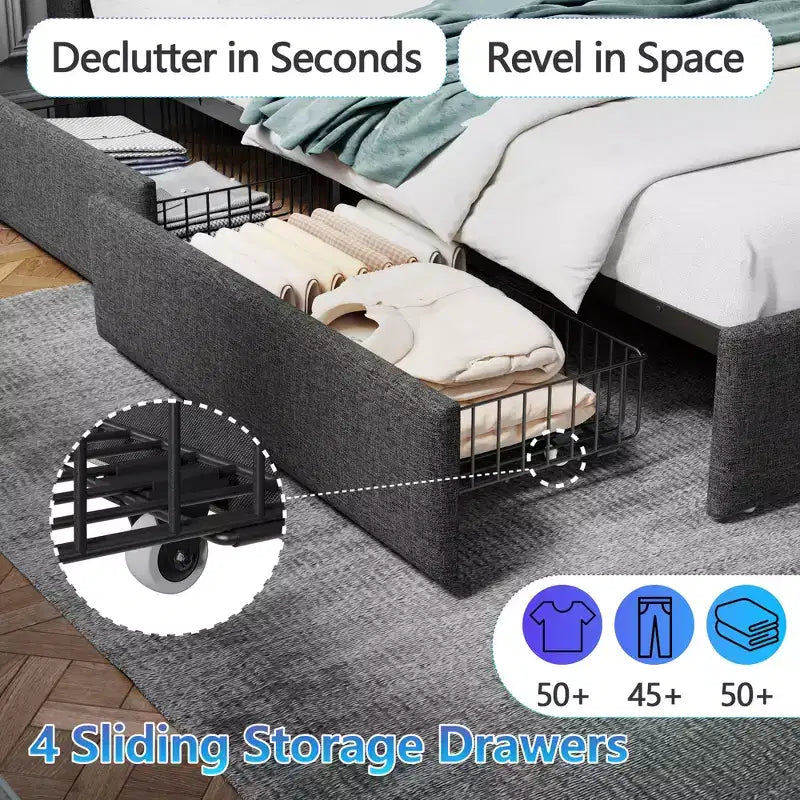 Cadre de lit Queen moderne avec station de recharge Lumières LED 4 tiroirs de rangement Gris