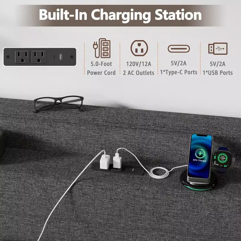 Cadre de lit Queen moderne avec station de recharge Lumières LED 4 tiroirs de rangement Gris
