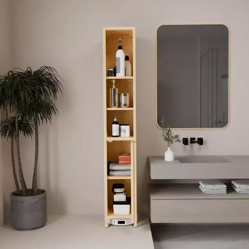 GDFStudio Xinyi 65H Farmhouse 5-Tier Bamboo Tall Storage Cabinet with One Door