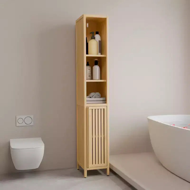 Meuble de rangement haut en bambou à 5 niveaux avec une porte, style maison de campagne