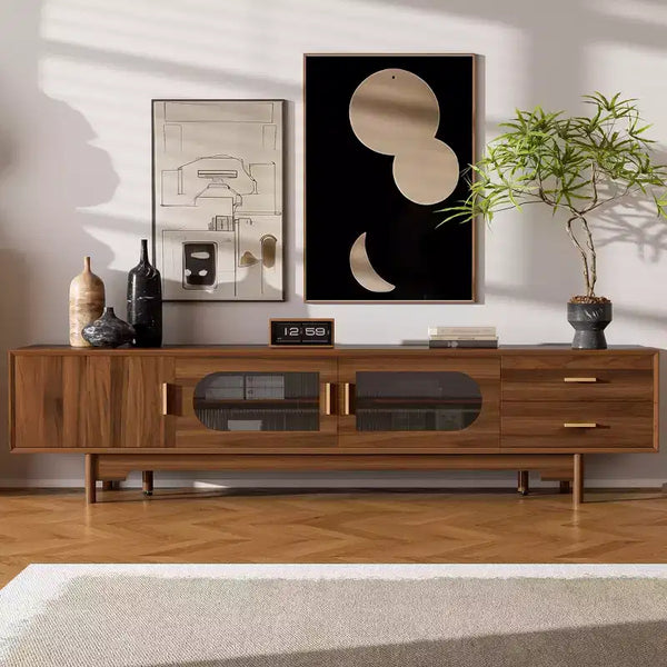 TV Stand 78-Inch, Fits TVs up to 85, Modern Console with Recessed Glass Doors, 2 Drawers, Cable Management, Wooden Legs, for Living Room