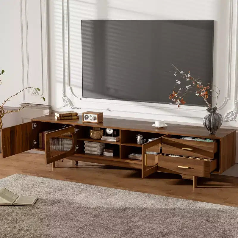 Meuble TV 198 cm, pour téléviseurs jusqu'à 85 pouces, console moderne avec portes en verre encastrées
