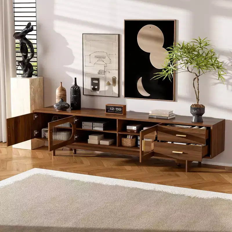 Meuble TV 198 cm, pour téléviseurs jusqu'à 85 pouces, console moderne avec portes en verre encastrées