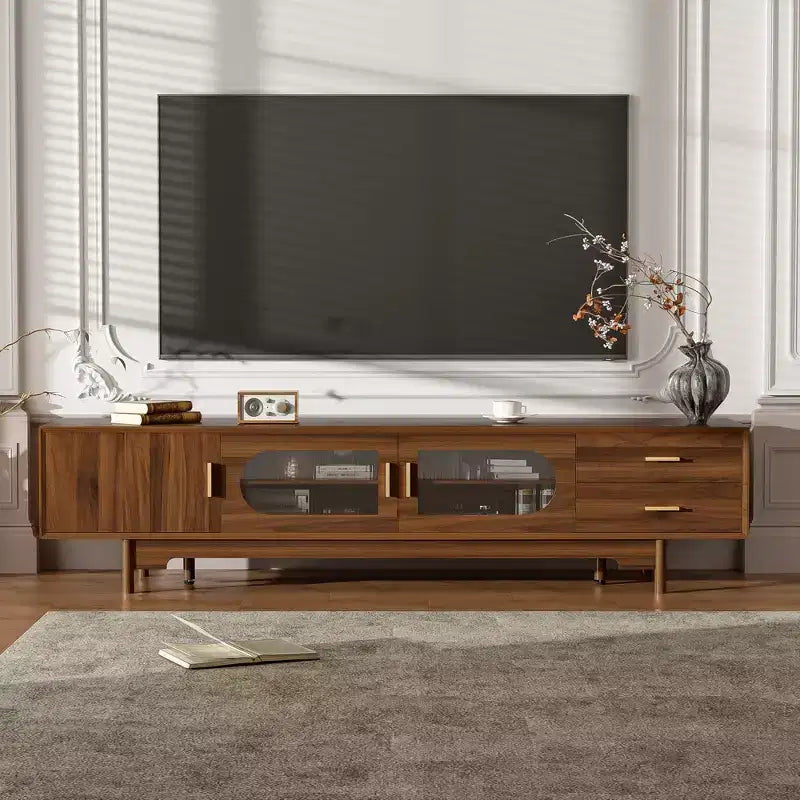 Meuble TV 198 cm, pour téléviseurs jusqu'à 85 pouces, console moderne avec portes en verre encastrées