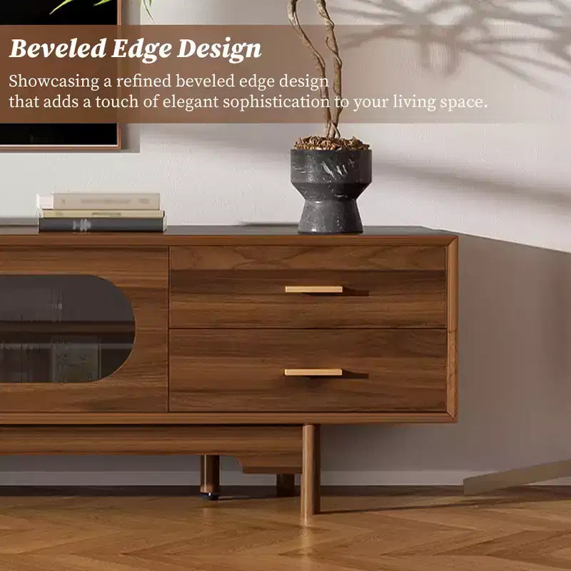 Meuble TV 198 cm, pour téléviseurs jusqu'à 85 pouces, console moderne avec portes en verre encastrées
