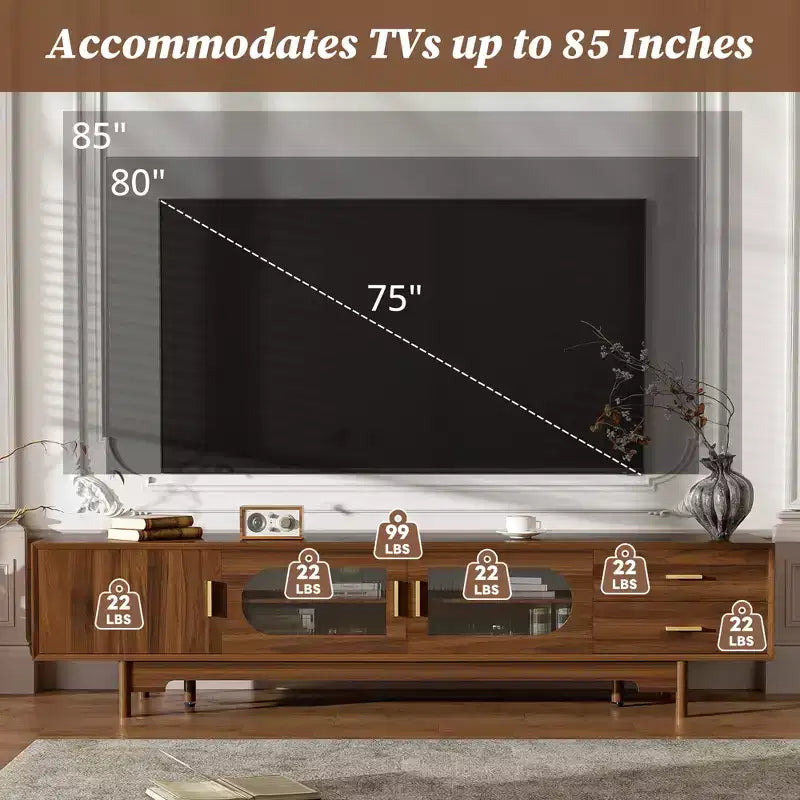 Meuble TV 198 cm, pour téléviseurs jusqu'à 85 pouces, console moderne avec portes en verre encastrées