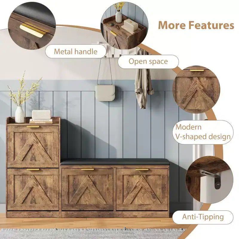 Meuble à Chaussures Ferme avec Banc et 4 Tiroirs Rabattables, Armoire à Chaussures