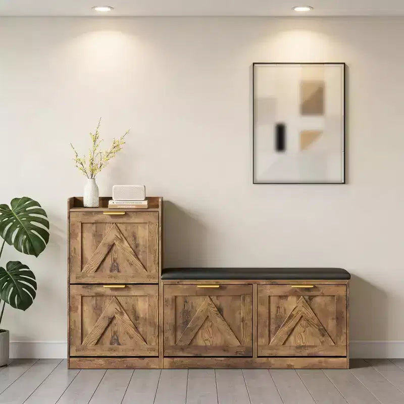 Meuble à Chaussures Ferme avec Banc et 4 Tiroirs Rabattables, Armoire à Chaussures