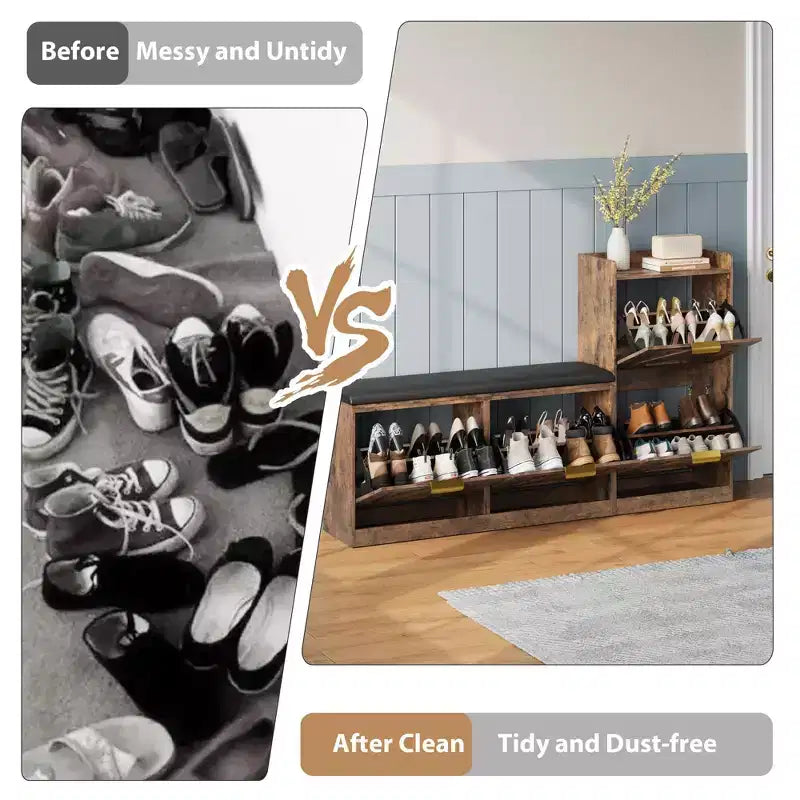 Meuble à Chaussures Ferme avec Banc et 4 Tiroirs Rabattables, Armoire à Chaussures
