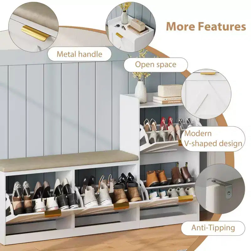 Meuble à Chaussures Ferme avec Banc et 4 Tiroirs Rabattables, Armoire à Chaussures