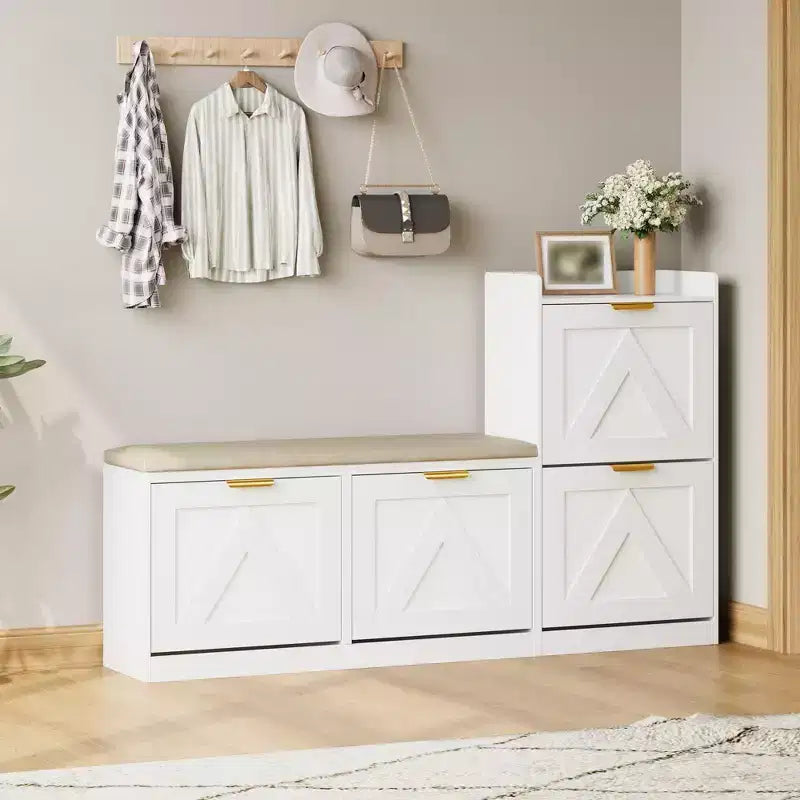 Meuble à Chaussures Ferme avec Banc et 4 Tiroirs Rabattables, Armoire à Chaussures