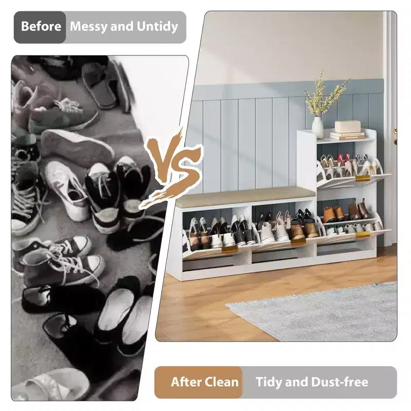 Meuble à Chaussures Ferme avec Banc et 4 Tiroirs Rabattables, Armoire à Chaussures