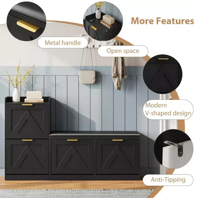 Meuble à Chaussures Ferme avec Banc et 4 Tiroirs Rabattables, Armoire à Chaussures