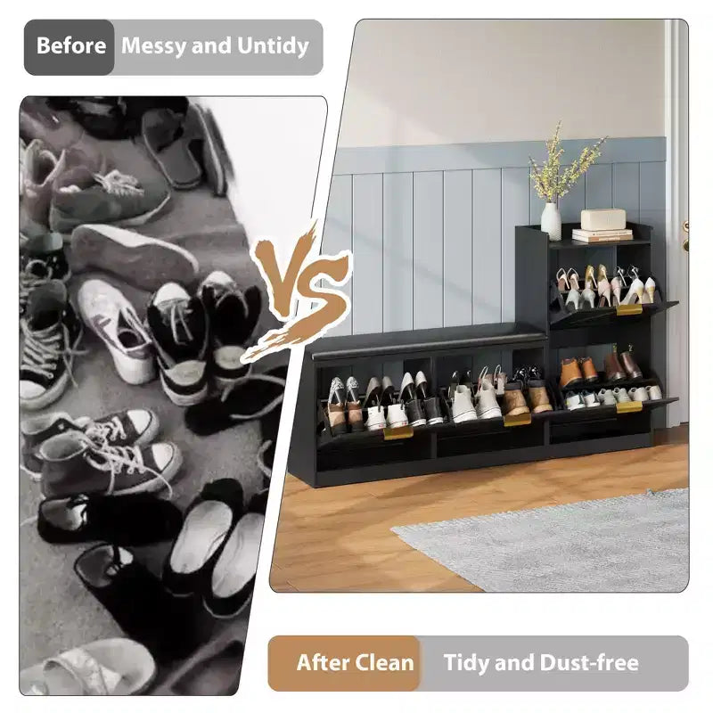 Meuble à Chaussures Ferme avec Banc et 4 Tiroirs Rabattables, Armoire à Chaussures