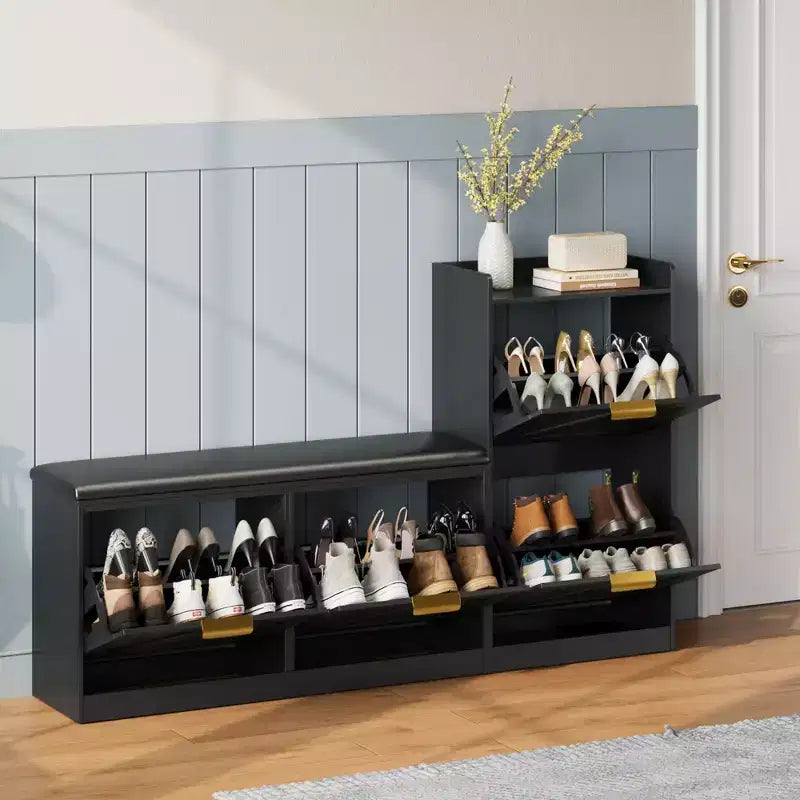 Farmhouse Shoe Cabinet with Bench and 4 Flip Drawers, Shoe Storage Cabinet with Bench and Comfort Cushion, Entryway Shoe Organizer with Storage