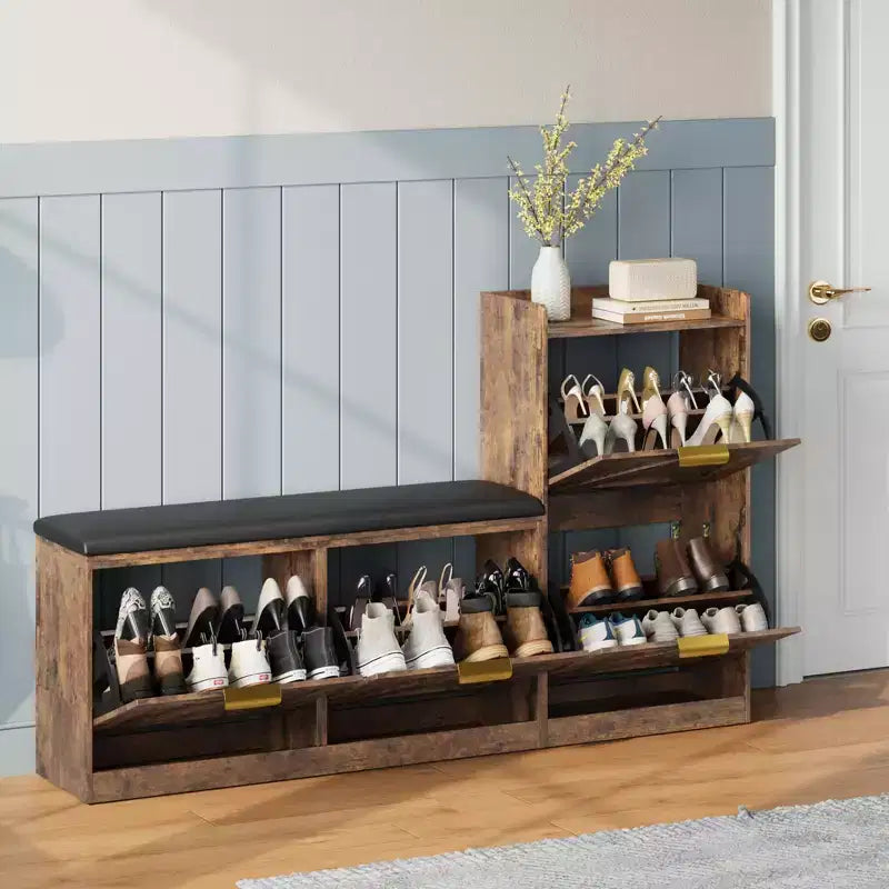 Meuble à Chaussures Ferme avec Banc et 4 Tiroirs Rabattables, Armoire à Chaussures