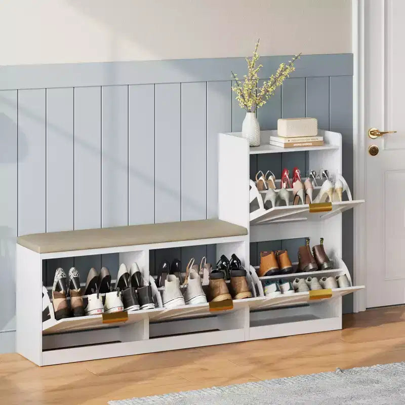 Meuble à Chaussures Ferme avec Banc et 4 Tiroirs Rabattables, Armoire à Chaussures