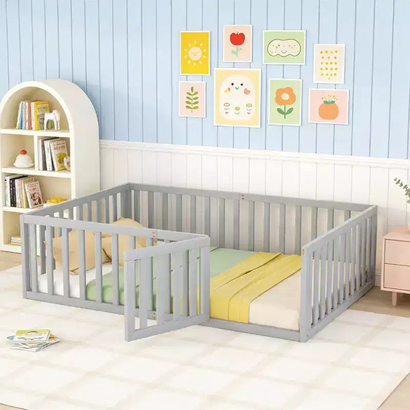 Luxystar Full Size Wooden Floor Bed Frame with Fence and Door