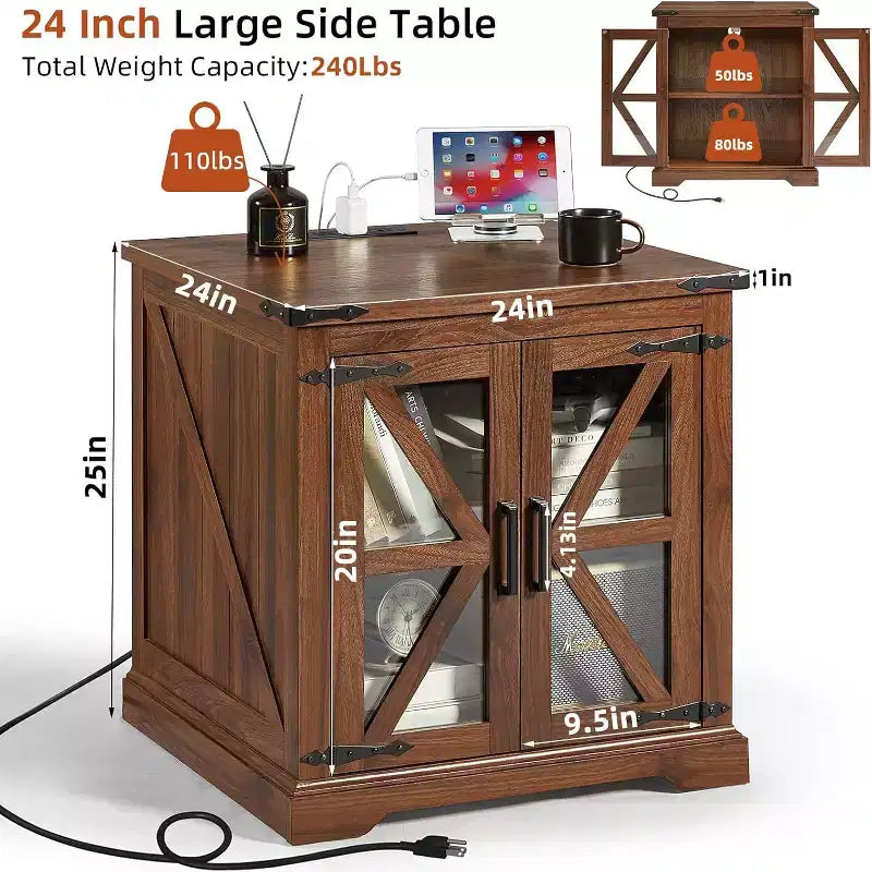 Table de chevet de ferme avec porte coulissante en verre de style grange avec station de recharge Étagère réglable