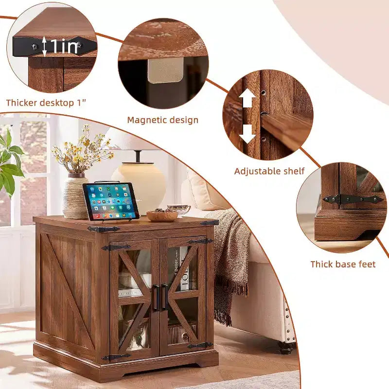 Table de chevet de ferme avec porte coulissante en verre de style grange avec station de recharge Étagère réglable