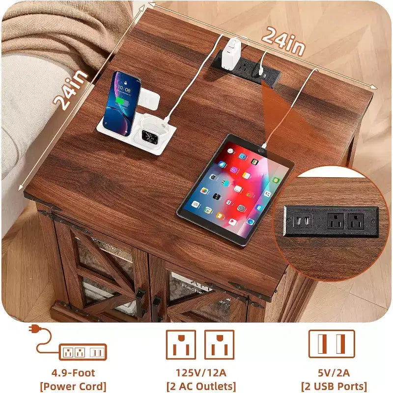 Table de chevet de ferme avec porte coulissante en verre de style grange avec station de recharge Étagère réglable