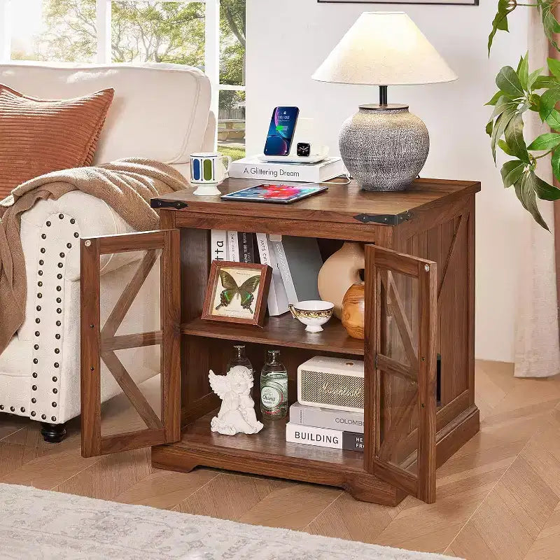 Table de chevet de ferme avec porte coulissante en verre de style grange avec station de recharge Étagère réglable