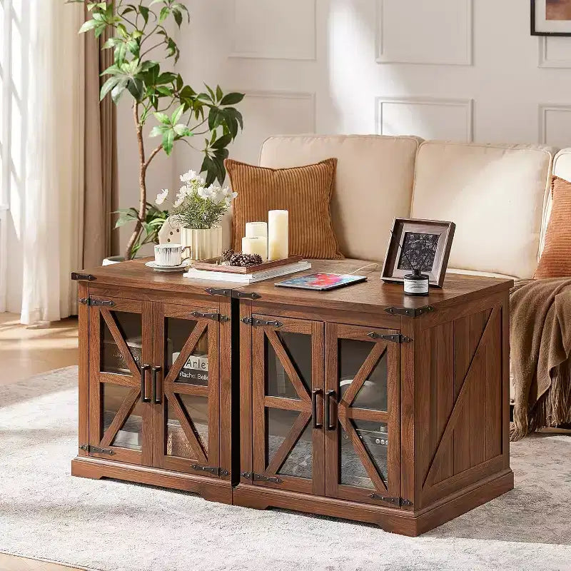 Table de chevet de ferme avec porte coulissante en verre de style grange avec station de recharge Étagère réglable