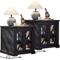 BALHAM TRADE-Farmhouse Night Stand with Glass Barn Door Set of 2 with Charging Station Adjustable Shelf