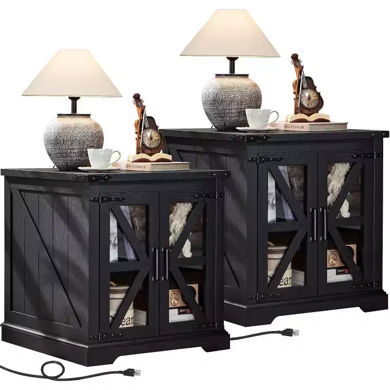 BALHAM TRADE-Farmhouse Night Stand with Glass Barn Door Set of 2 with Charging Station Adjustable Shelf