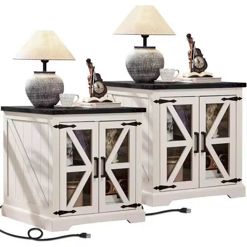 Table de chevet de ferme avec porte coulissante en verre de style grange avec station de recharge Étagère réglable