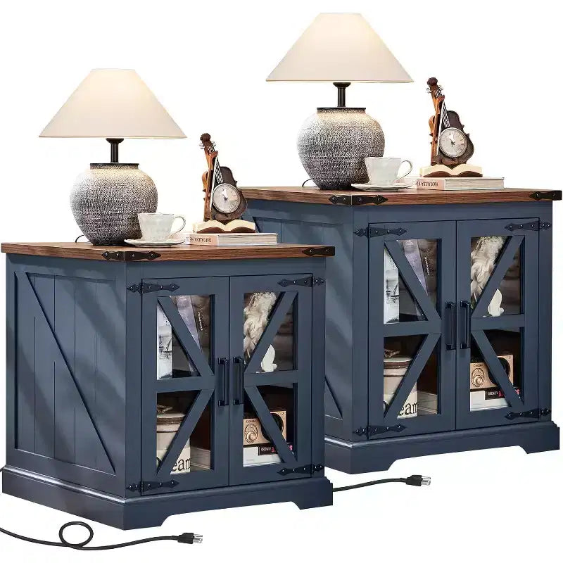 Table de chevet de ferme avec porte coulissante en verre de style grange avec station de recharge Étagère réglable