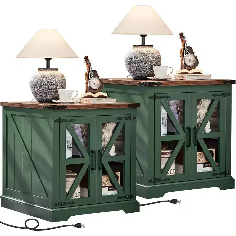 Table de chevet de ferme avec porte coulissante en verre de style grange avec station de recharge Étagère réglable