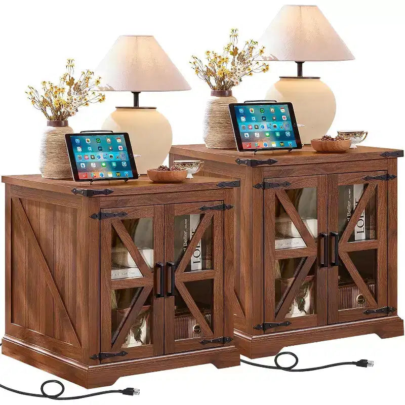 Table de chevet de ferme avec porte coulissante en verre de style grange avec station de recharge Étagère réglable