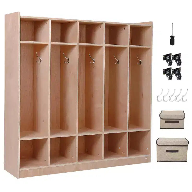 5-Section Wooden Kids Coat Locker Cubby with Hooks, Wheels &amp; Storage Boxes | Daycare &amp; Classroom Storage Solution for Toddlers